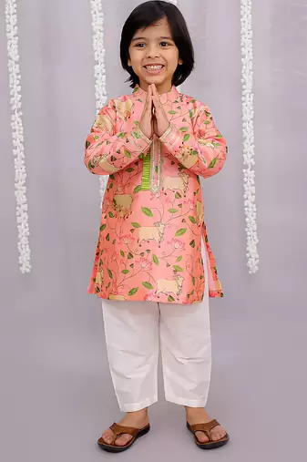 Peach printed cotton silk kurta pyjama