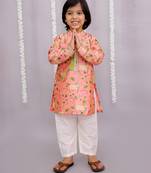 Peach printed cotton silk kurta pyjama