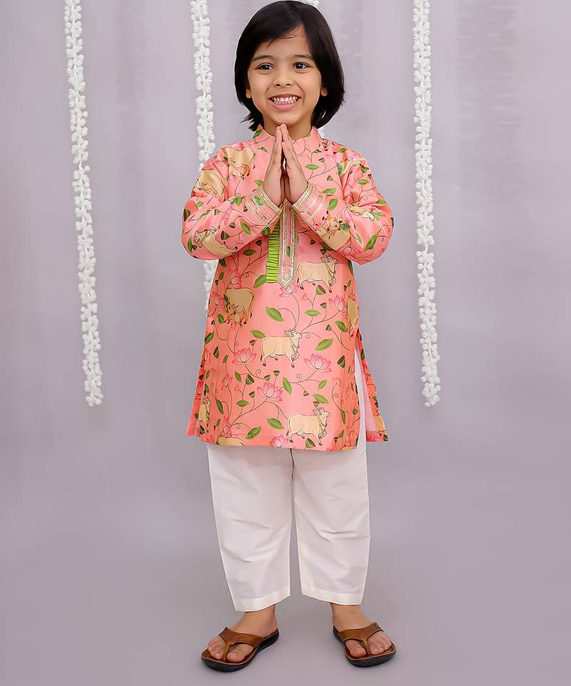 Peach printed cotton silk kurta pyjama