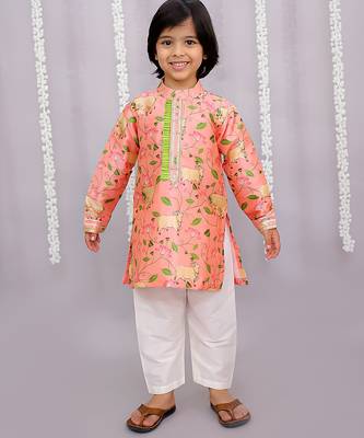 Peach printed cotton silk Boy's Kurta Pyjama 2