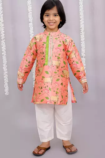 Peach printed cotton silk Boy's Kurta Pyjama