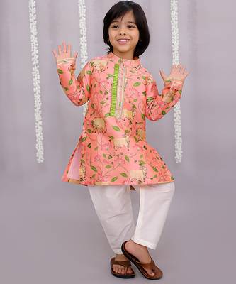 Peach printed cotton silk Boy's Kurta Pyjama 3