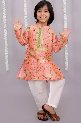 Peach printed cotton silk Boy's Kurta Pyjama