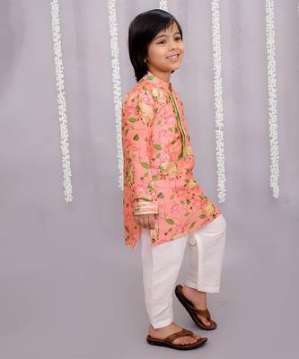 Peach printed cotton silk Boy's Kurta Pyjama 4