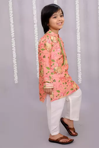 Peach printed cotton silk Boy's Kurta Pyjama