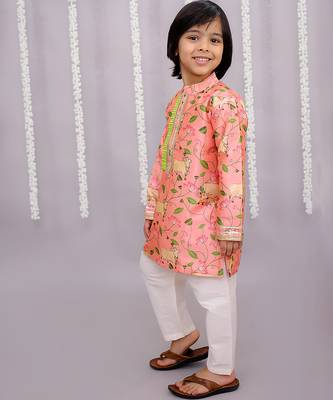 Peach printed cotton silk Boy's Kurta Pyjama 5