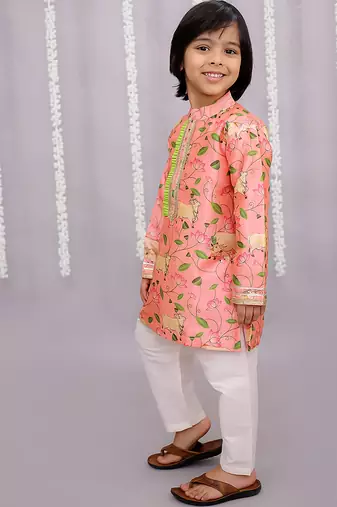Peach printed cotton silk Boy's Kurta Pyjama