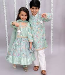 Green printed cotton silk kurta pyjama