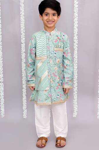 Green printed cotton silk kurta pyjama