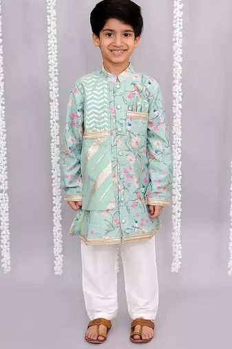 Green printed cotton silk kurta pyjama