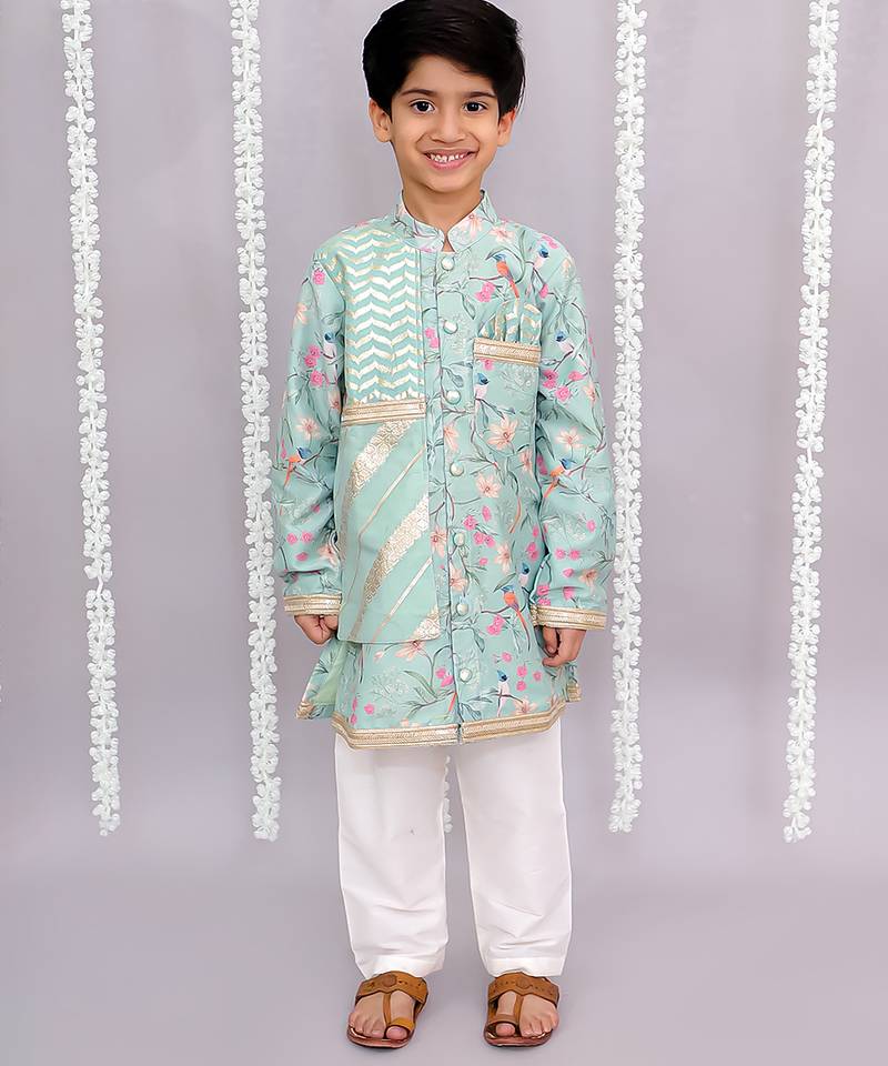 Green printed cotton silk kurta pyjama