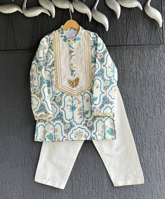 Blue printed cotton silk Boy's Kurta Pyjama 1