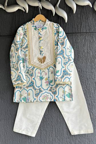 Blue printed cotton silk kurta pyjama