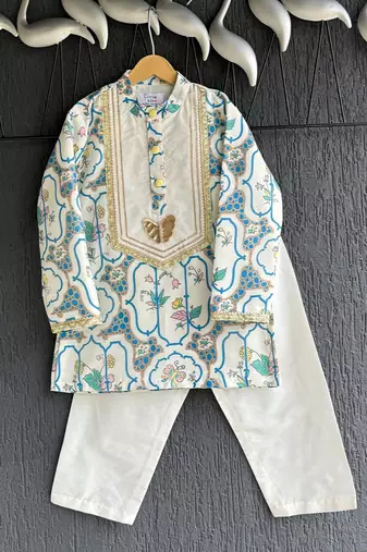 Blue printed cotton silk kurta pyjama