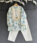 Blue printed cotton silk kurta pyjama