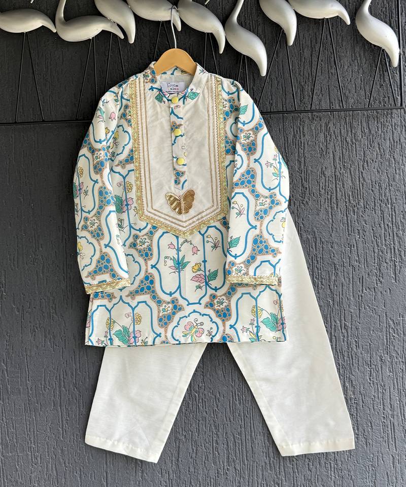 Blue printed cotton silk kurta pyjama