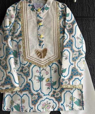 Blue printed cotton silk Boy's Kurta Pyjama 2