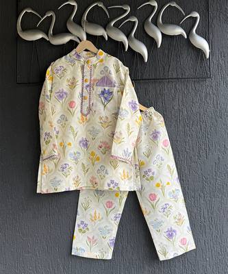 Multicolor printed cotton silk Boy's Kurta Pyjama 4