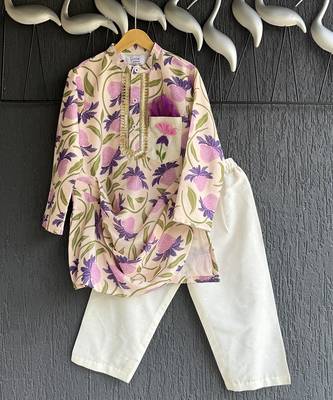 Purple printed cotton silk Boy's Kurta Pyjama 1