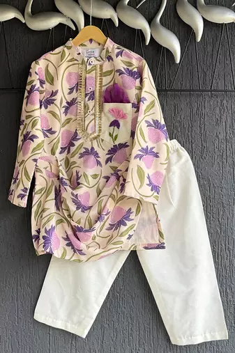 Purple printed cotton silk kurta pyjama