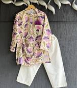 Purple printed cotton silk kurta pyjama