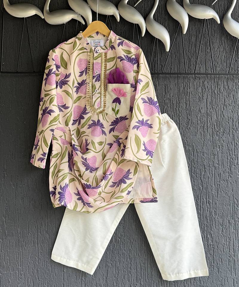Purple printed cotton silk kurta pyjama