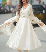 White embroidered v neck pure cotton kurta trouser dupatta set