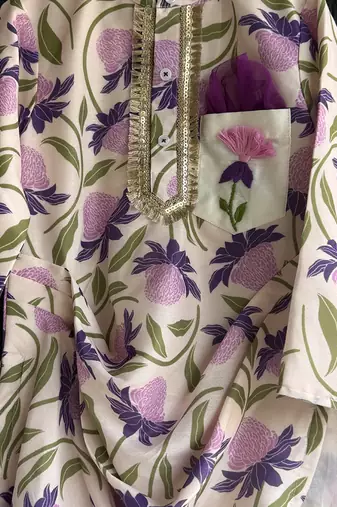 Purple printed cotton silk Boy's Kurta Pyjama