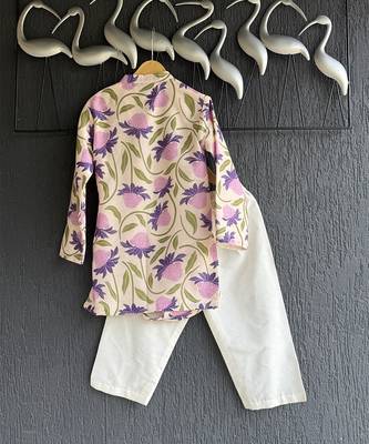 Purple printed cotton silk Boy's Kurta Pyjama 4