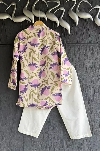 Purple printed cotton silk Boy's Kurta Pyjama