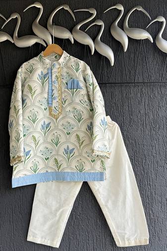 Blue printed cotton silk kurta pyjama