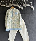 Blue printed cotton silk kurta pyjama