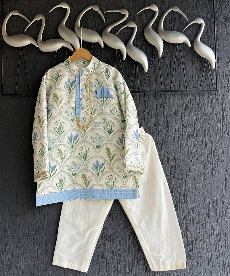 Blue printed cotton silk kurta pyjama