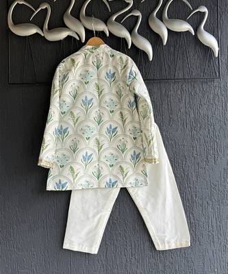 Blue printed cotton silk Boy's Kurta Pyjama 5