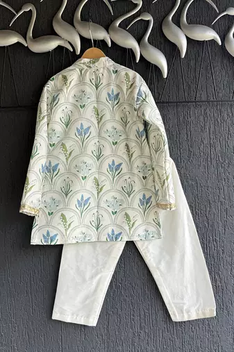 Blue printed cotton silk Boy's Kurta Pyjama