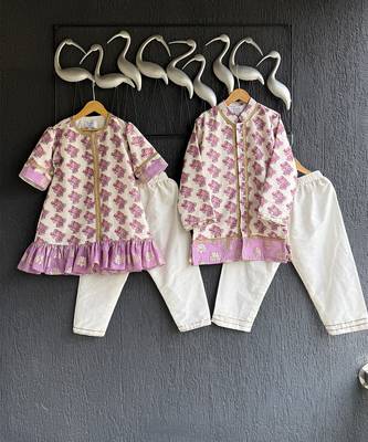 Purple printed cotton silk Boy's Kurta Pyjama 2