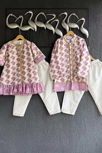 Purple printed cotton silk Boy's Kurta Pyjama