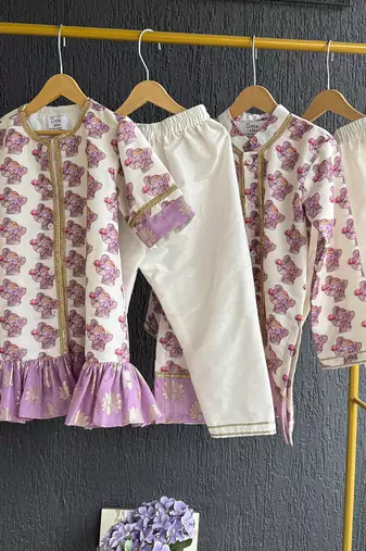Purple printed cotton silk Boy's Kurta Pyjama