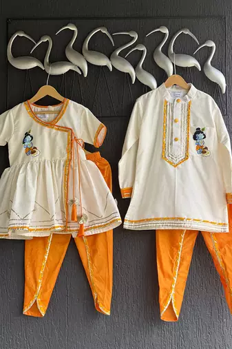 White printed cotton silk kurta pyjama