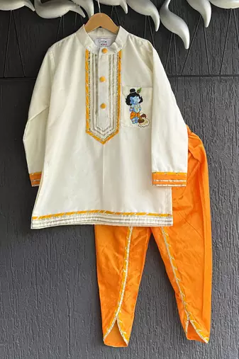 White printed cotton silk kurta pyjama