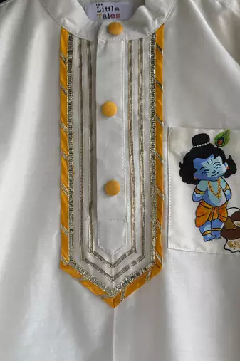 White printed cotton silk Boy's Kurta Pyjama