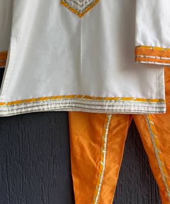 White printed cotton silk Boy's Kurta Pyjama 5