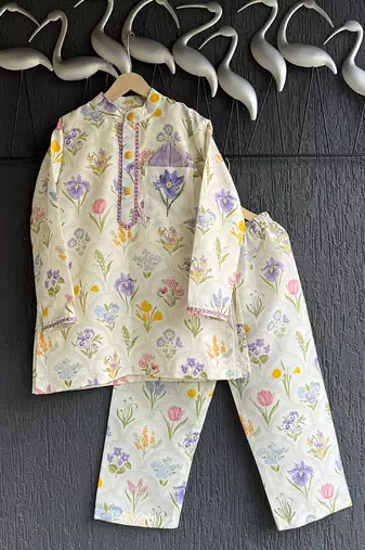 White printed cotton silk kurta pyjama