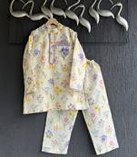White printed cotton silk kurta pyjama