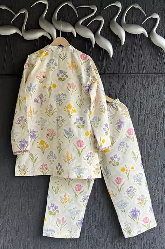 White printed cotton silk kurta pyjama