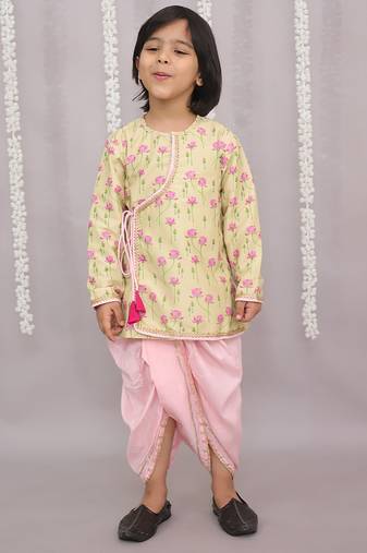 Yellow printed cotton silk kurta pyjama