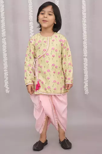 Yellow printed cotton silk kurta pyjama