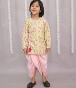 Yellow printed cotton silk kurta pyjama