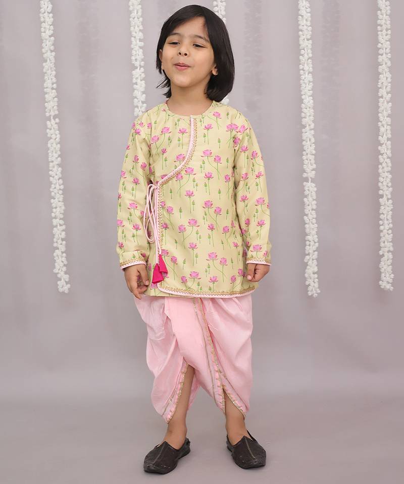 Yellow printed cotton silk kurta pyjama