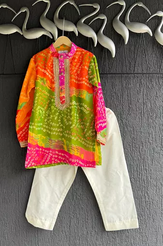 Multicolor printed cotton silk kurta pyjama